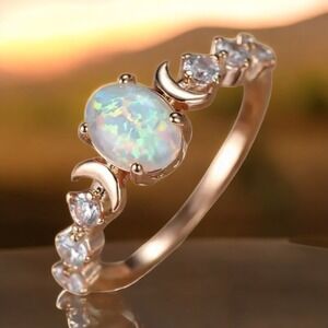 Rose Gold Plated White Oval Cut‎ Opal Moon CZ Ring Celestial Goth Love Gift